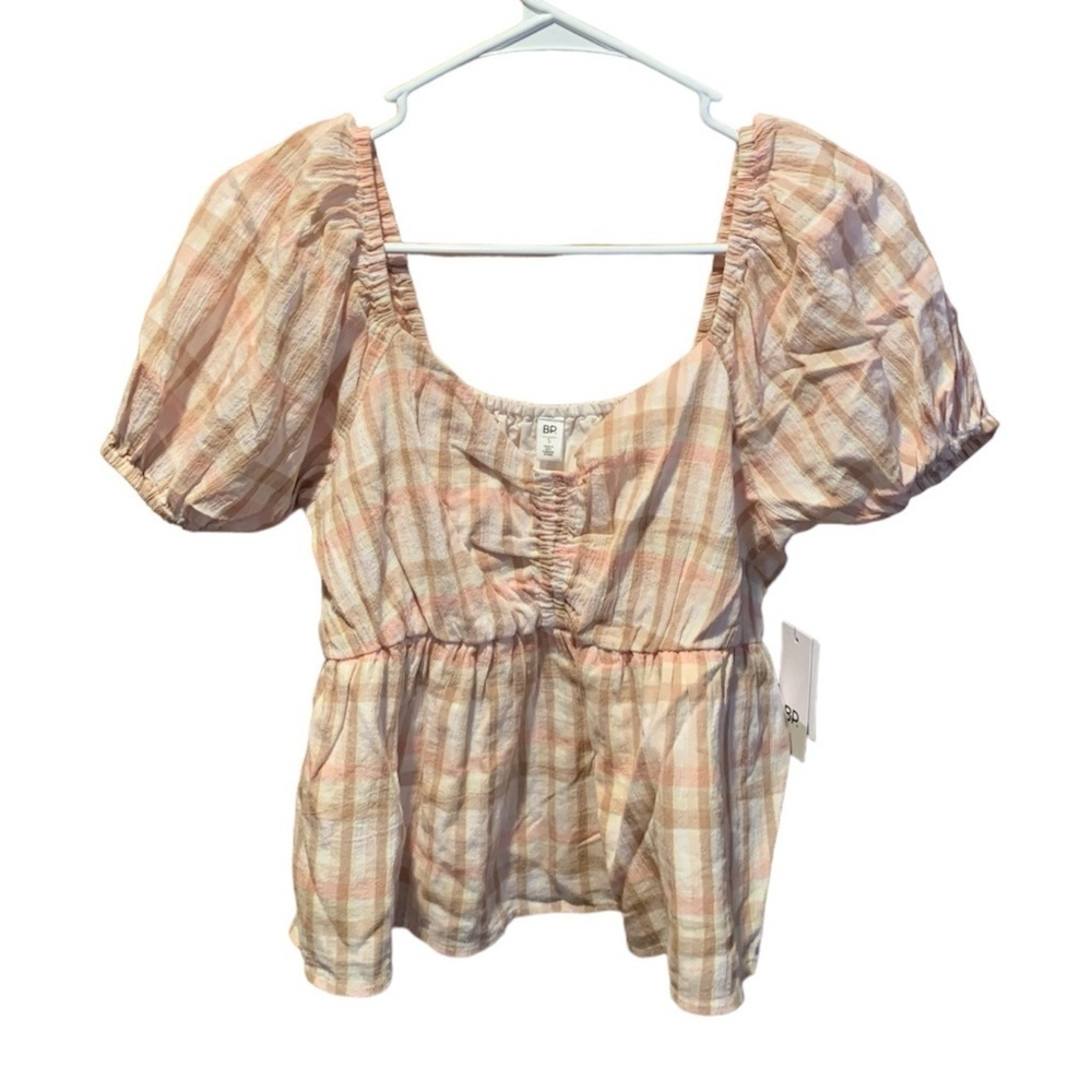 BP Babydoll Peplum Hem Blouse In Pink Beige Plaid Small NWT